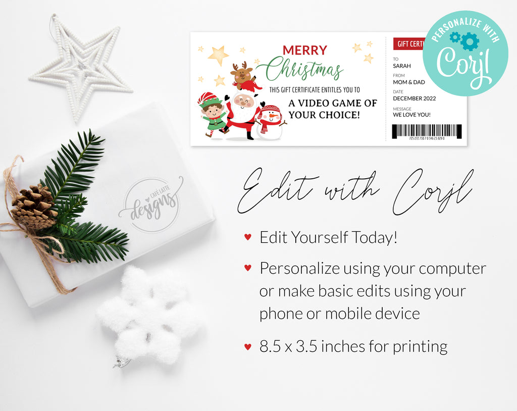 Christmas gift certificate editable printable template, Christmas gift voucher for kids, teens, adults, Christmas gift card editable DIY, Christmas surprise last minute original gift idea, Fillable Christmas gift certificate with Santa, elf, reindeer and snowman