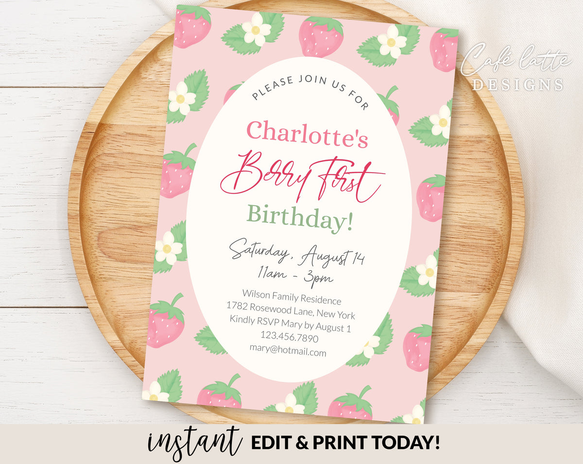 Berry First Birthday Invitation Editable Template - Strawberry Invite ...