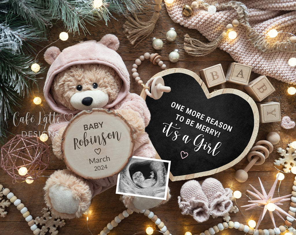 Christmas girl gender reveal for social media, Christmas girl baby pregnancy announcement digital image with teddy bear in pink outfit, heart chalkboard and pink Christmas decor, One more reason to be merry its a girl, December winter girl reveal