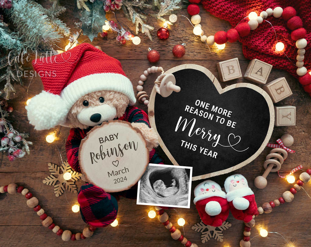 Christmas pregnancy announcement digital reveal for social media, Christmas baby announcement digital image with teddy bear wearing plaid pyjama and Santa hat and heart chalkboard, One more reason to be merry this year, Gender neutral December baby