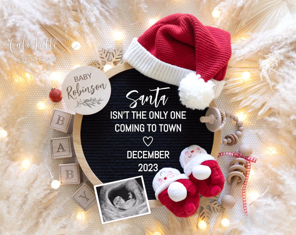 Christmas pregnancy announcement digital reveal for social media, Christmas baby announcement digital image with Santa hat and Santa baby booties, Santa isnt the only one coming to town, gender neutral boho pampas circle letter board