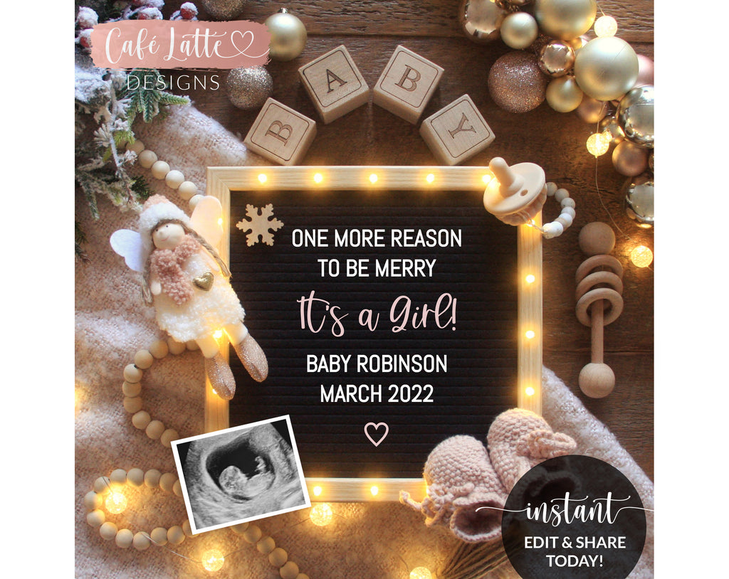 Christmas girl gender reveal for social media, Christmas girl baby pregnancy announcement digital image with letter board, pink baby booties and little angel, One more reason to be merry its a girl, Girl baby reveal editable template DIY