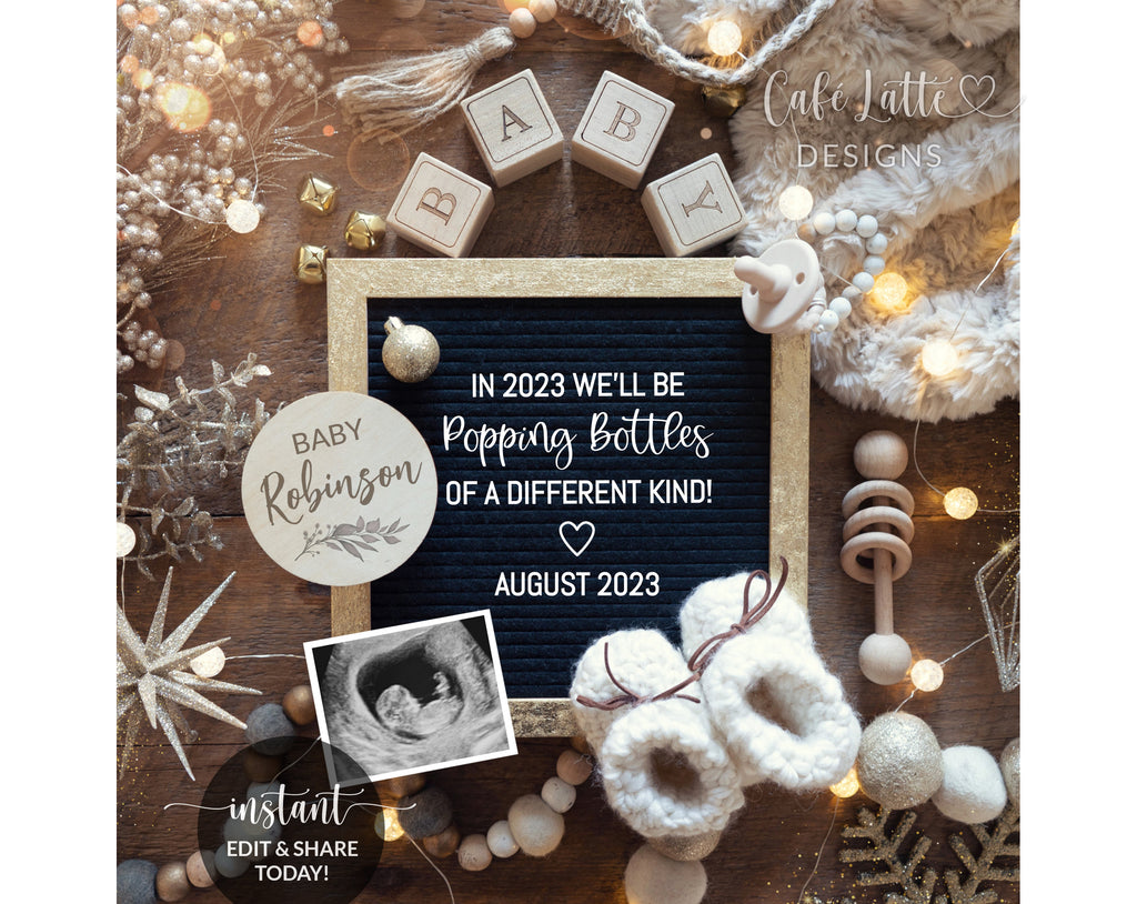 New Years digital pregnancy announcement reveal for social media, New Years digital gold boho baby announcement with gold decor and letter board, We will be popping bottles of a different kind, Gender neutral editable template DIY, January winter baby