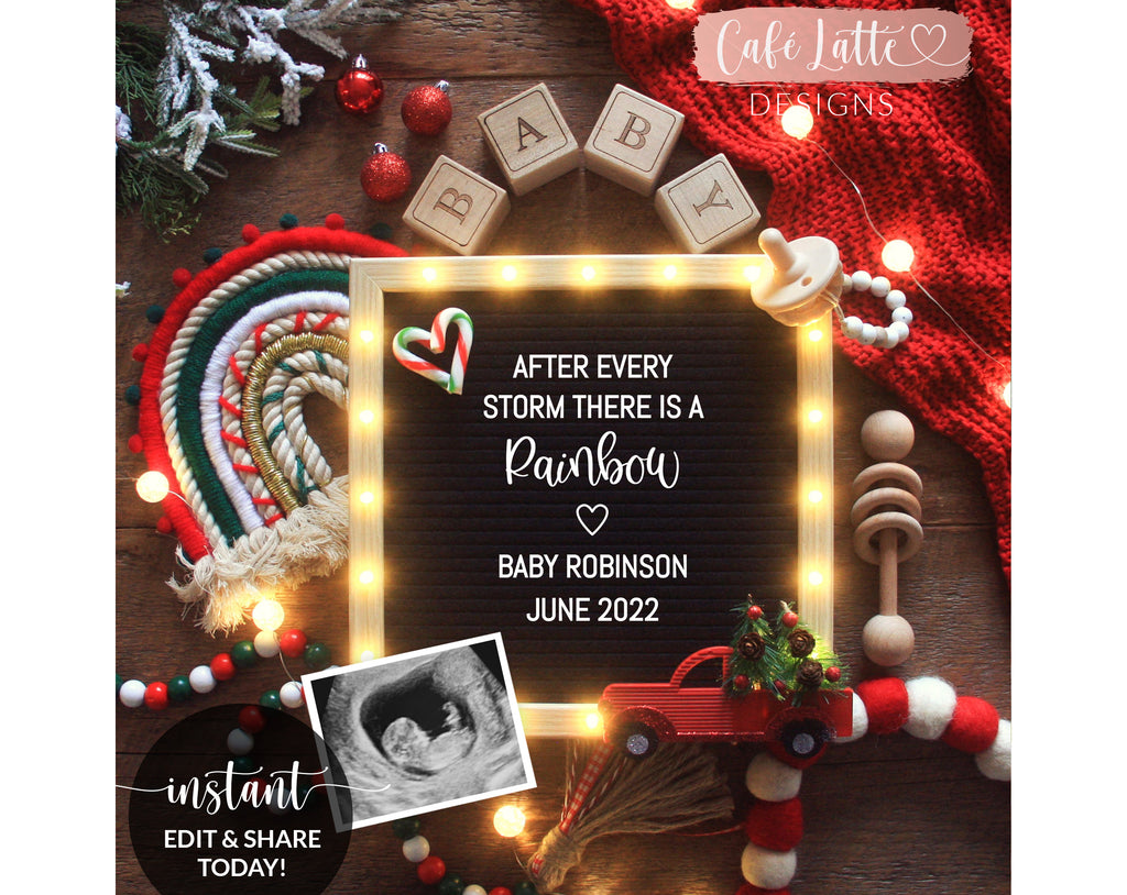 Christmas rainbow baby pregnancy announcement digital reveal for social media, Christmas rainbow baby announcement digital image with letter board, boho rainbow and red truck, After every storm there is a rainbow, Gender neutral editable template DIY