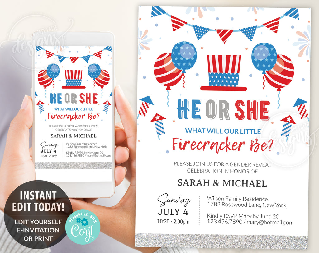 Fourth of July gender reveal invitation editable template, Printable summer He or She baby reveal invitation, Personalized custom invite for Independence Day, Little firecracker invitation card, 4th of July USA Digital invitation email text message