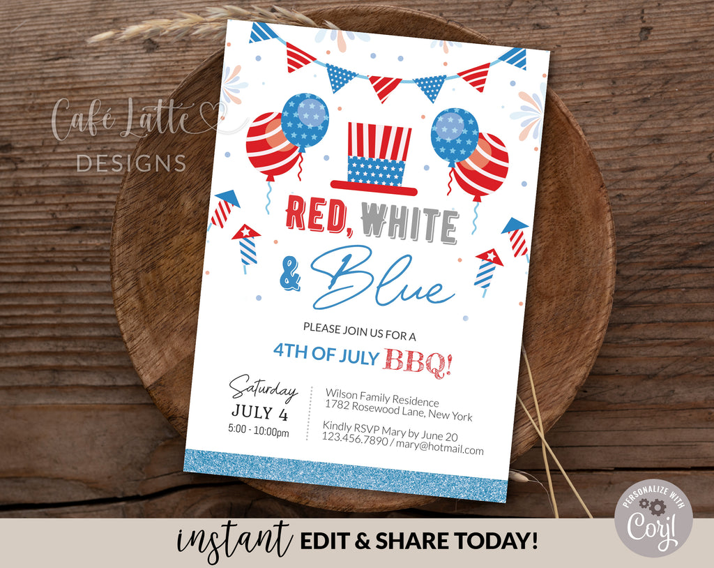 Fourth of July invitation editable template, Printable summer BBQ invitation, Personalized custom invite for Independence Day, Red white and blue invitation card, Party in the USA Digital invitation email text message, 4th of July Pool Party, DIY