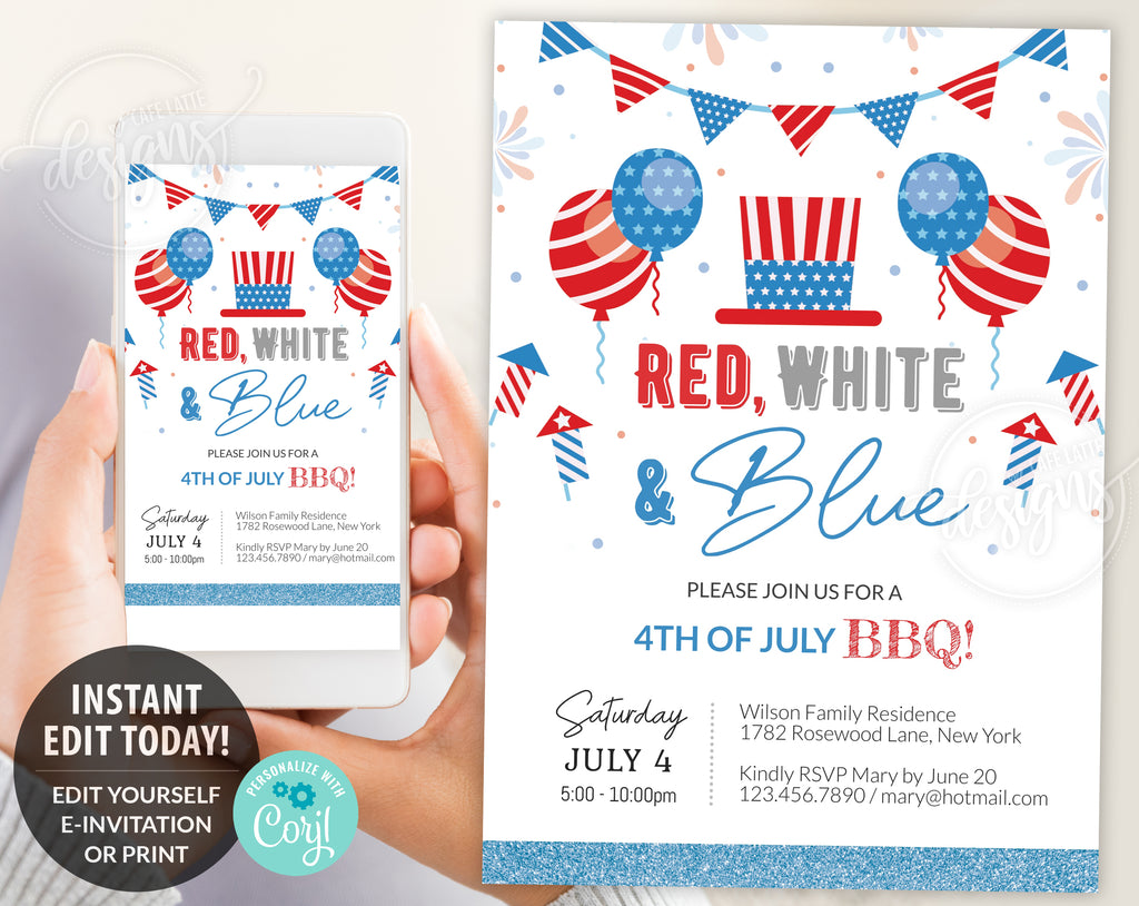Fourth of July invitation editable template, Printable summer BBQ invitation, Personalized custom invite for Independence Day, Red white and blue invitation card, Party in the USA Digital invitation email text message, 4th of July Pool Party, DIY