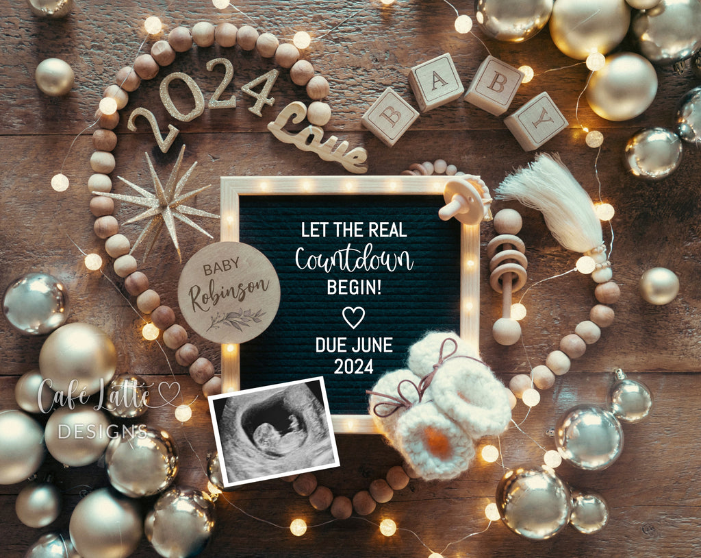 New Years pregnancy announcement for social media, New Year digital baby announcement with heart, gold ornaments and letter board, Let the real countdown being, Gender neutral boho editable template DIY, January winter baby reveal classy chic gold