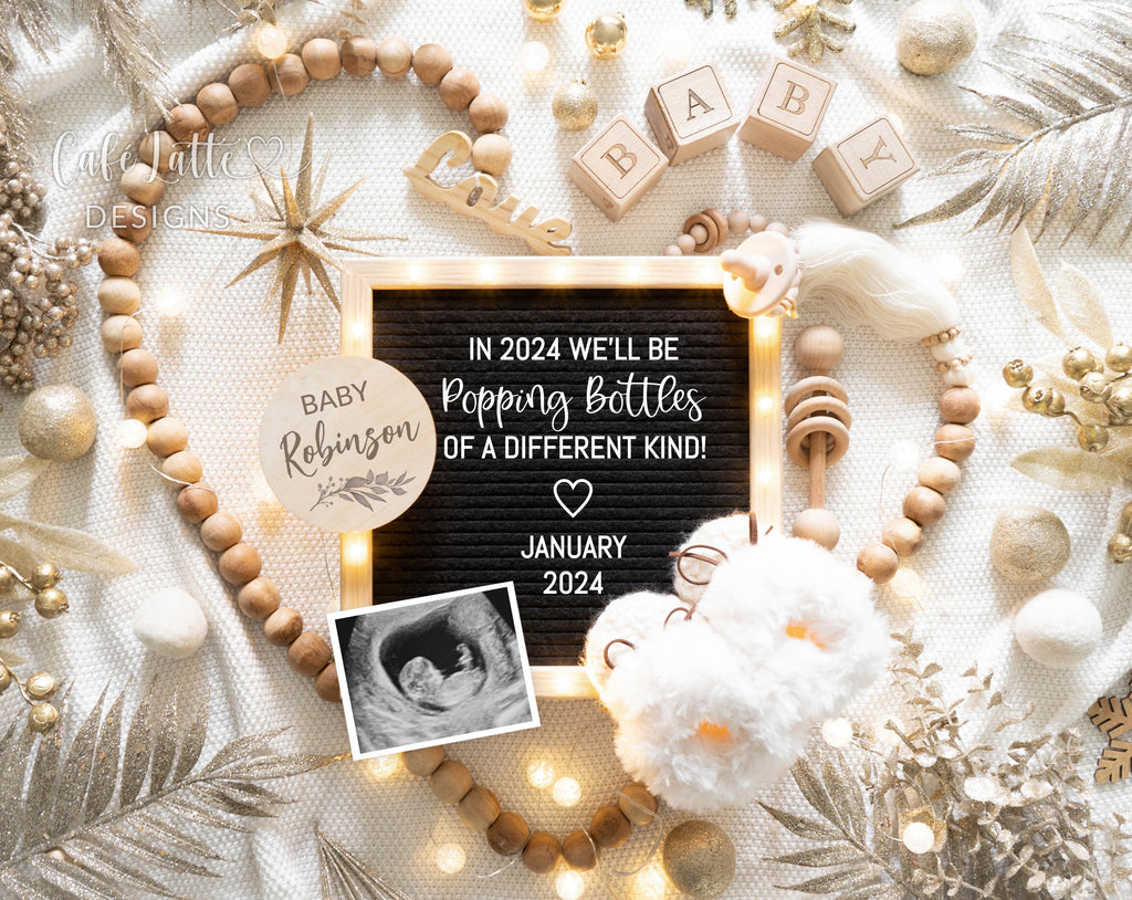 New Years pregnancy announcement digital reveal for social media, New Years baby announcement digital image with heart, gold decor and letter board, In 2024 we will be popping bottles of a different kind, boho neutral editable template DIY