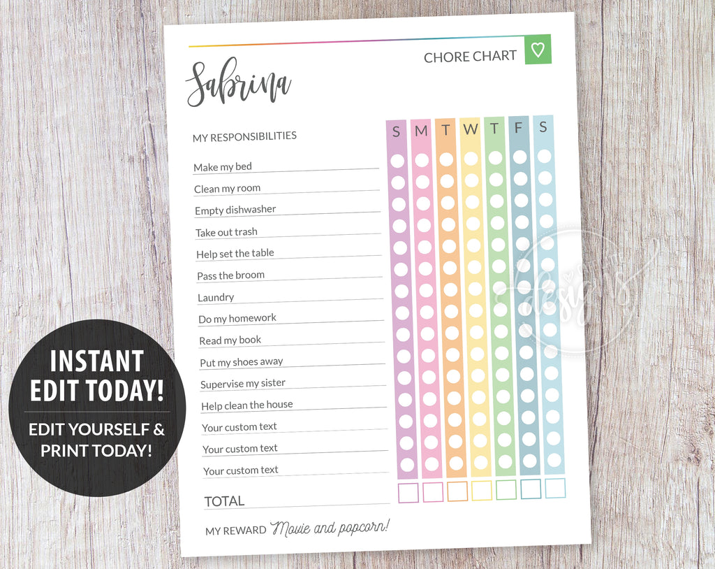 Chore List Template for Teens Kids, Rainbow Responsibility Chart Printable Editable Template