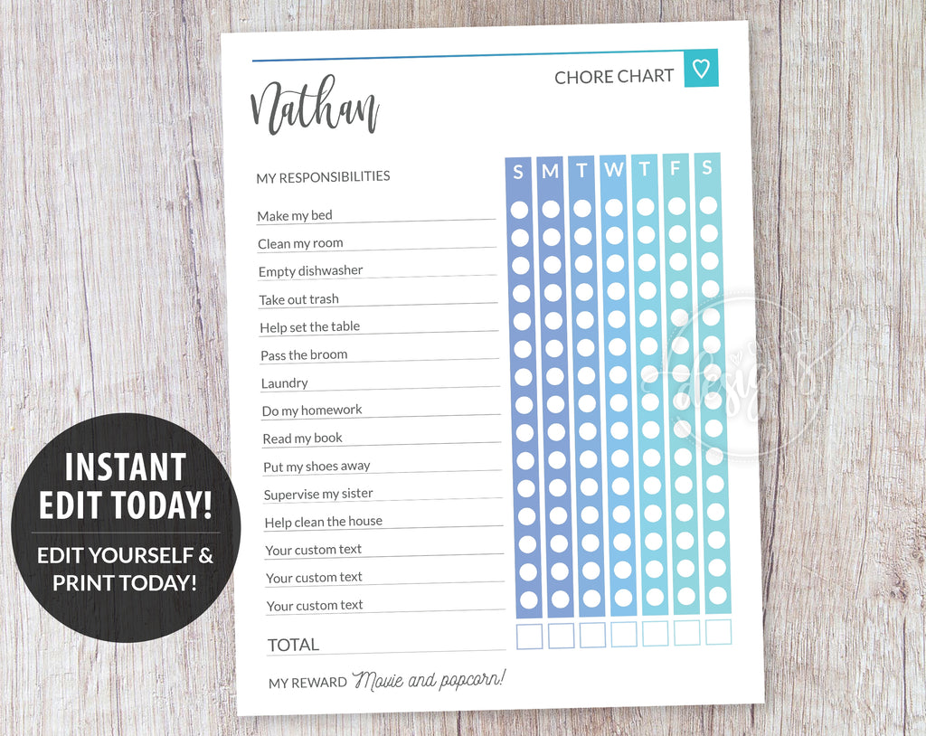 Chore List Template for Teens Kids, Blue Responsibility Chart Printable Editable Template