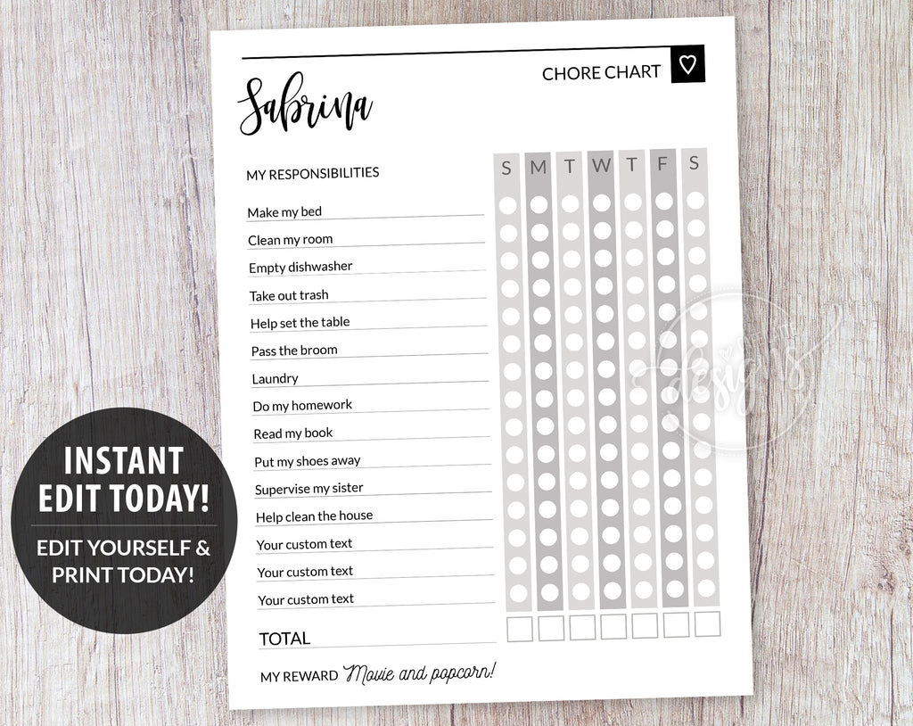 Chore List Template for Teens Kids, Grey Responsibility Chart Printable Editable Template