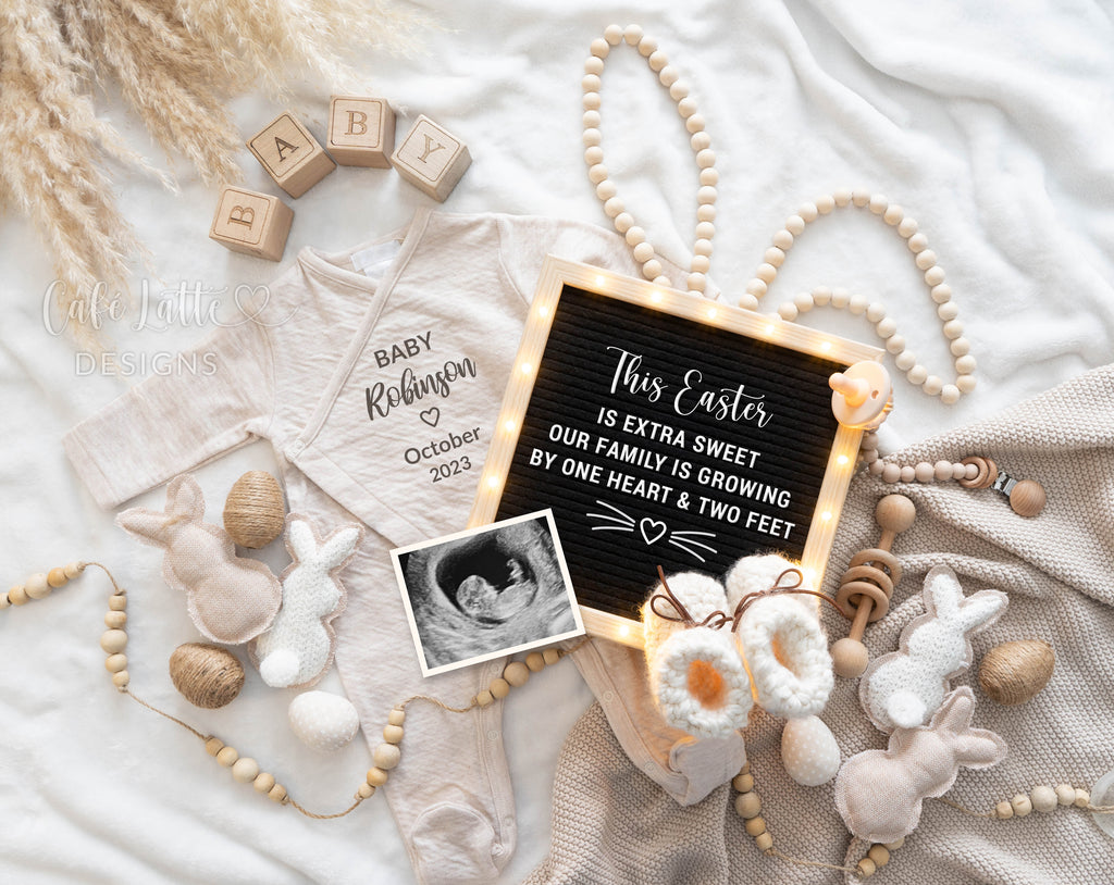 Easter baby announcement digital reveal for social media, Easter pregnancy announcement digital image with boho bunny ears, bunnies, eggs and letter board, This Easter Is Extra Sweet Our Family Is Growing By One Heart and Two Feet