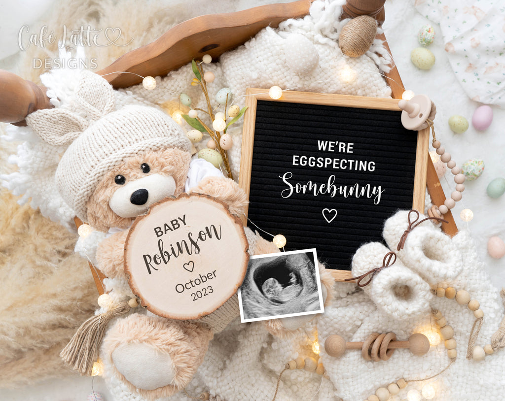 Easter Baby Announcement Digital Reveal For Social Media, Easter Pregnancy Announcement Digital Image With Bear Wearing Bunny Ears, Eggs, Vintage Wood Cradle and Letter Board, We Are Eggspecting Somebunny
