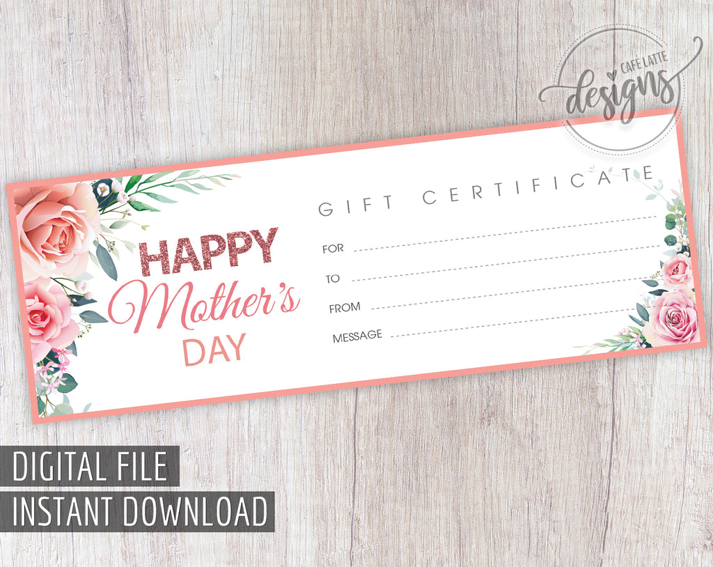 Mothers Day Gift Certificate with Pink Flowers, Mothers Day Gift, Spa Massage Hair Salon Certificate, Printable