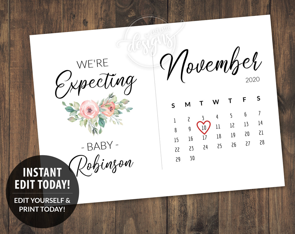 Baby Announcement Printable Card with due date calendar and peony flowers