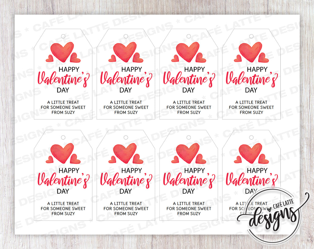 Valentine's Day Gift Tags with Red Hearts, Printable Editable, School Teacher Kids