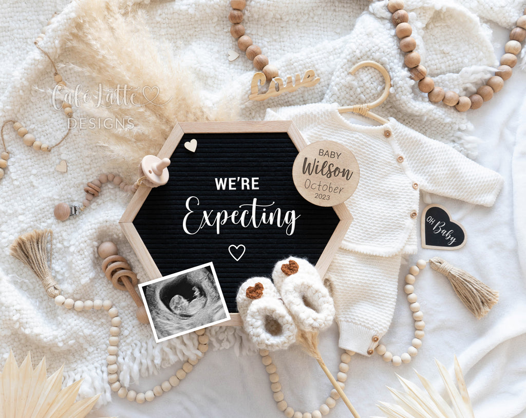 Pregnancy announcement digital reveal for social media, baby announcement digital boho gender neutral image with baby knitted outfit, pampas, hexagon letter board, We Are Expecting
