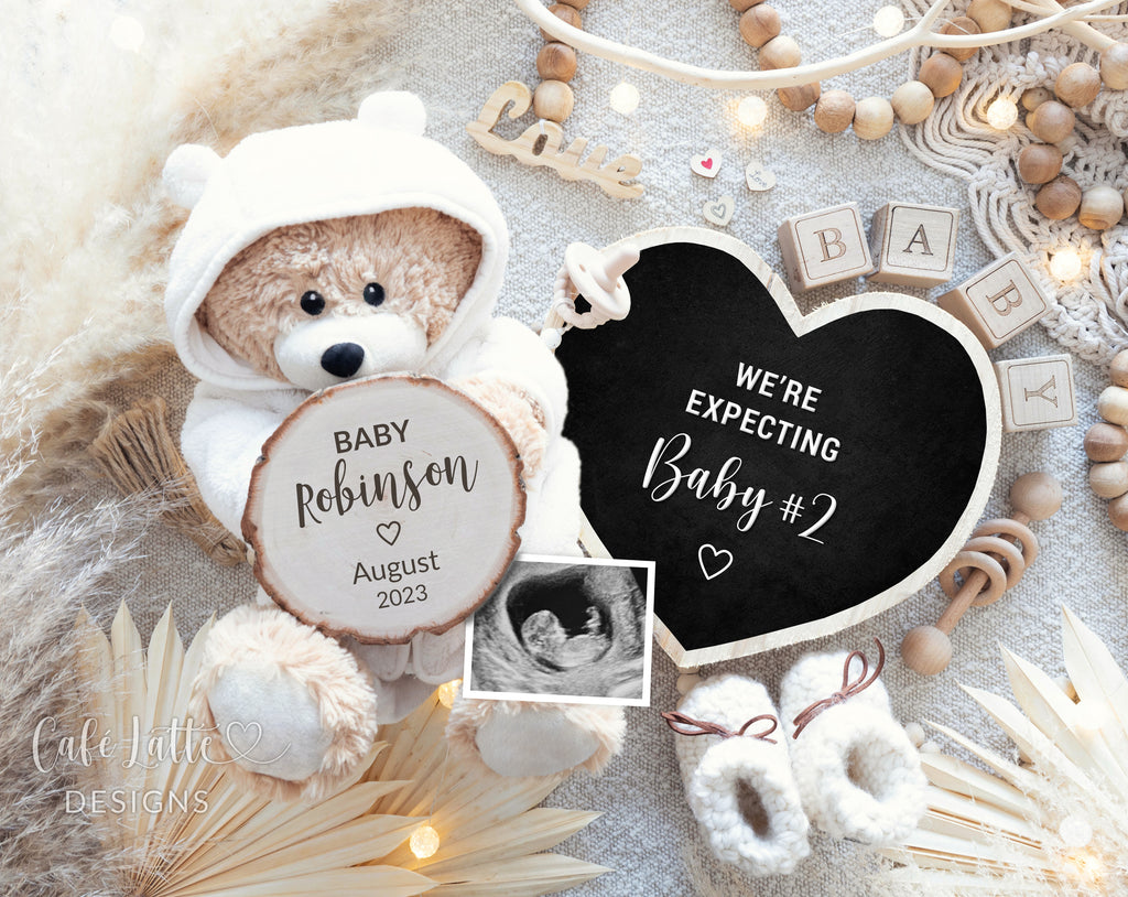Pregnancy Announcement Digital Reveal For Social Media, Baby Announcement Gender Neutral Digital Boho Image with Bear, Heart Chalkboard and Pampas, We Are Expecting Baby 2