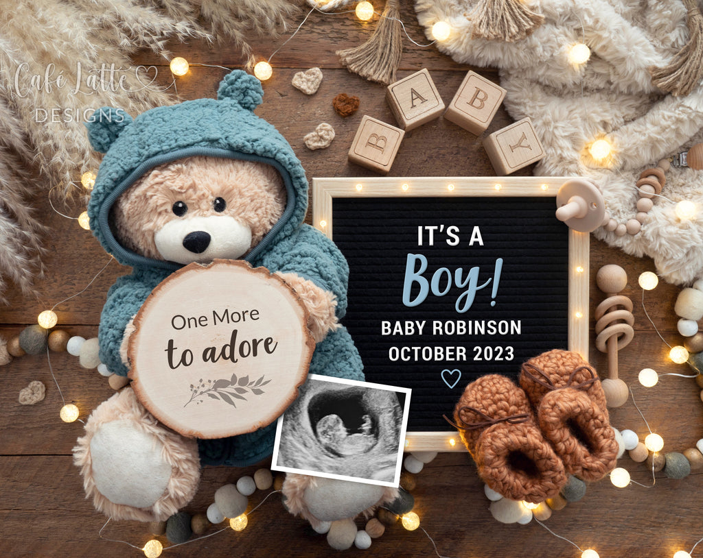 Boy gender reveal for social media, boho boy baby announcement digital image with teddy bear wearing blue outfit, letter board and pampas, its a boy, one more to adore