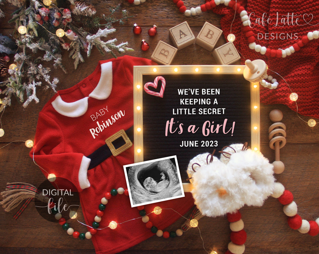 Digital Girl Christmas Gender Reveal Social Media, Santa Coming To Town Pregnancy Baby Announcement, Its a Girl, Reason to be Merry December