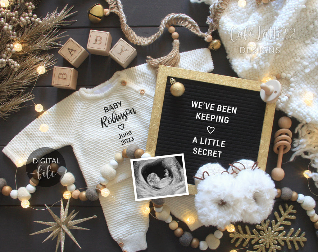 Digital Christmas Pregnancy Announcement Social Media, The More The Merrier, One More Reason to be Merry, Black Gold Winter December Baby