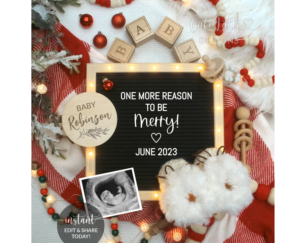 Digital Christmas Pregnancy Announcement Social Media, Editable Template One More Reason to Be Merry Letter Board, Winter Plaid Baby, DIY
