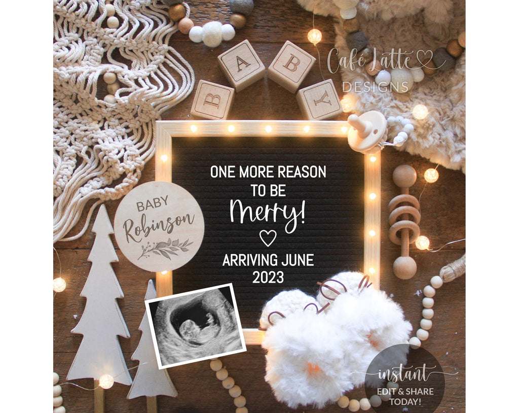 Digital Christmas Pregnancy Announcement For Social Media, Winter Neutral Boho Baby, Reason to Be Merry Letter Board, Editable Template DIY