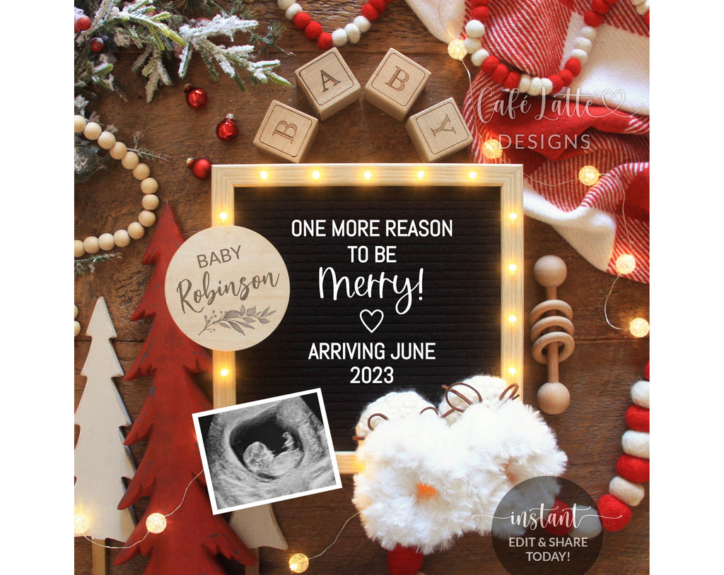 Digital Christmas Pregnancy Announcement Social Media, One More Reason to Be Merry Letter Board Editable Template, Boho Winter Baby, DIY