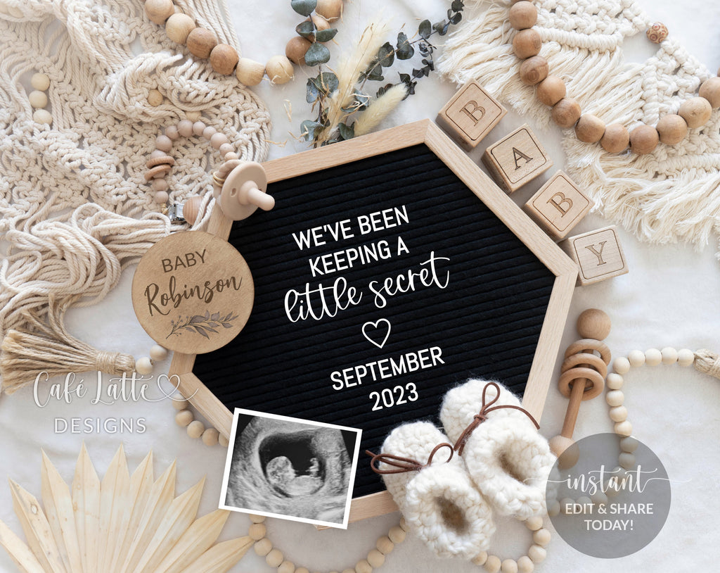 Boho baby announcement digital reveal for social media, boho pregnancy announcement digital image with eucalyptus and hexagon letter board, keeping a little secret, gender neutral editable template