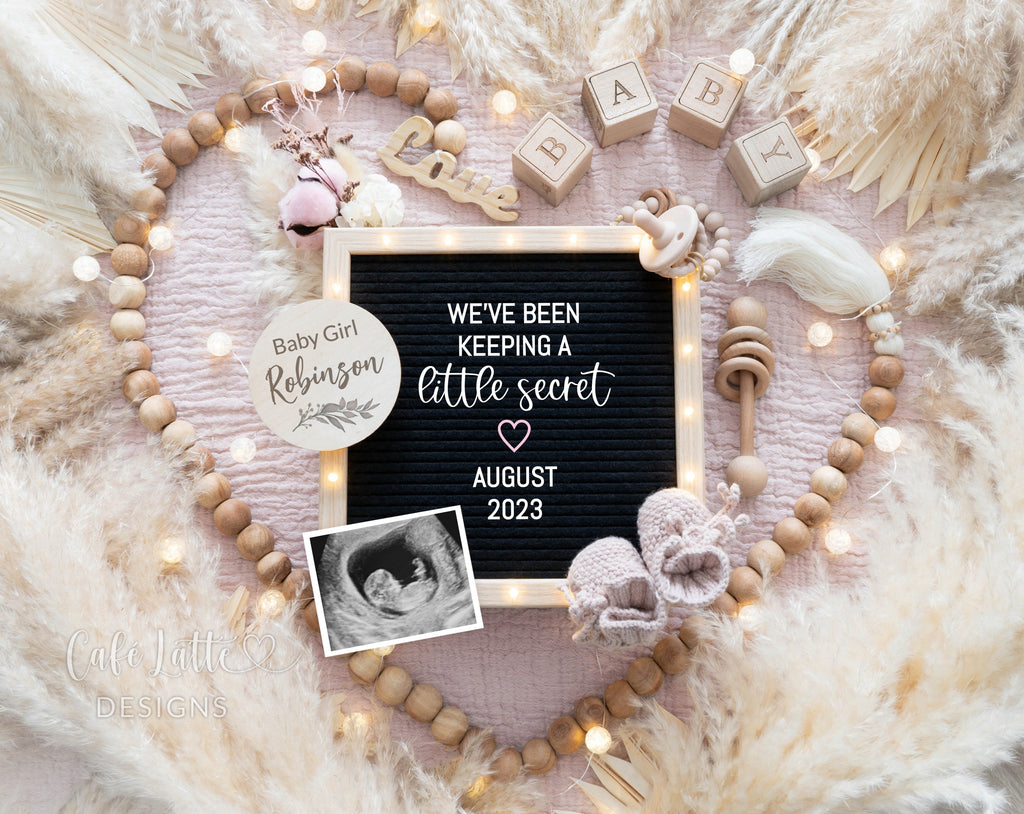 Girl baby gender reveal for social media, girl pregnancy announcement digital boho image with heart wood beads, pampas, flowers, letter board and pink baby props, we have been keeping a little secret, its a girl