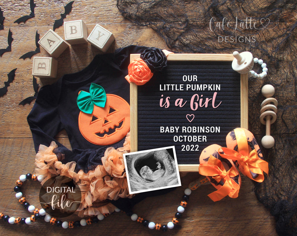 Digital Halloween Girl Gender Reveal for Social Media, Our Little Pumpkin is a Girl, October Pregnancy Announcement Letter Board