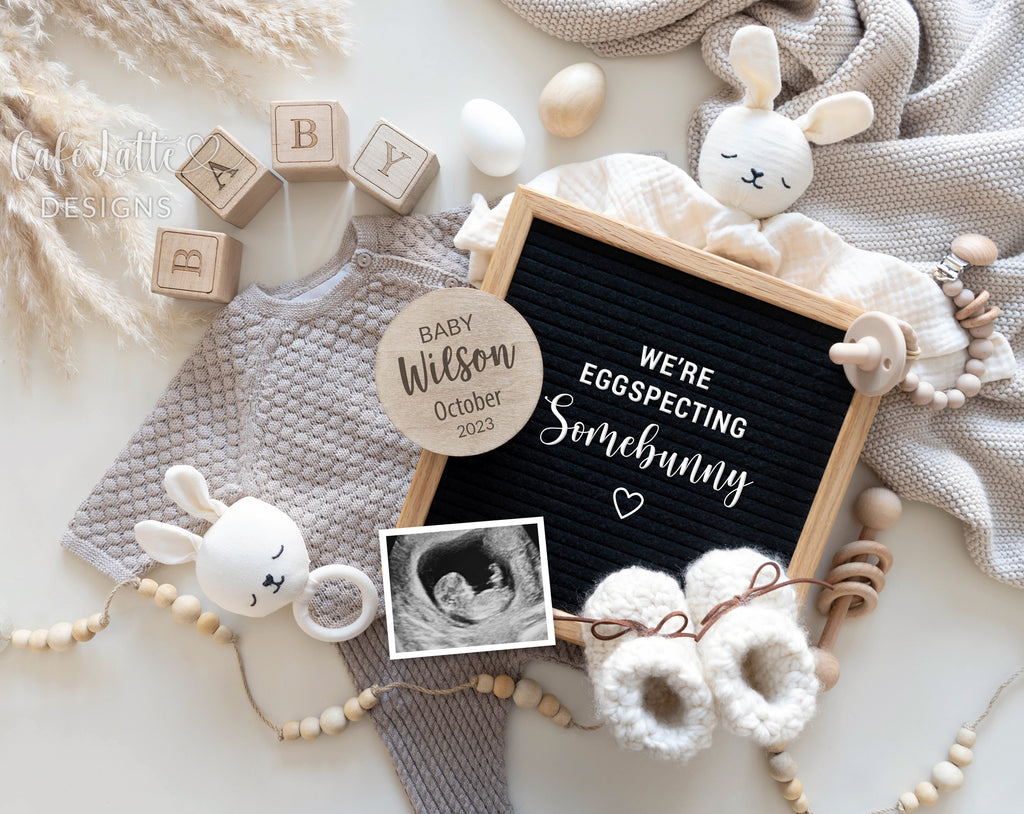 Easter Baby Announcement Digital Reveal For Social Media, Easter Pregnancy Announcement Digital Image With Letter Board, Bunny Rabbits and Eggs, Eggspecting Somebunny