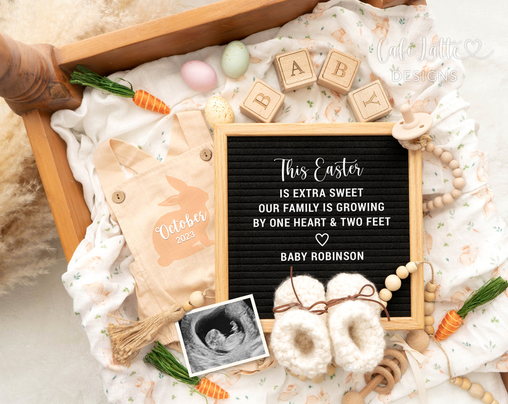 Easter Pregnancy Announcement Digital Reveal For Social Media, Easter Baby Announcement Digital Image With Vintage Wood Cradle, Carrots, Eggs and Letter Board, Easter Is Extra Sweet Our Family Is Growing By One Heart and Two Feet