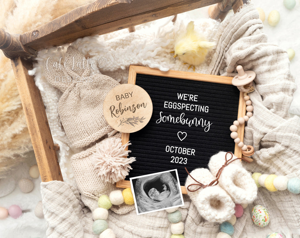 Easter baby announcement digital reveal for social media, Easter pregnancy announcement digital image with bunny baby outfit, little chick, vintage wood cradle and letter board, We are Eggspecting Somebunny