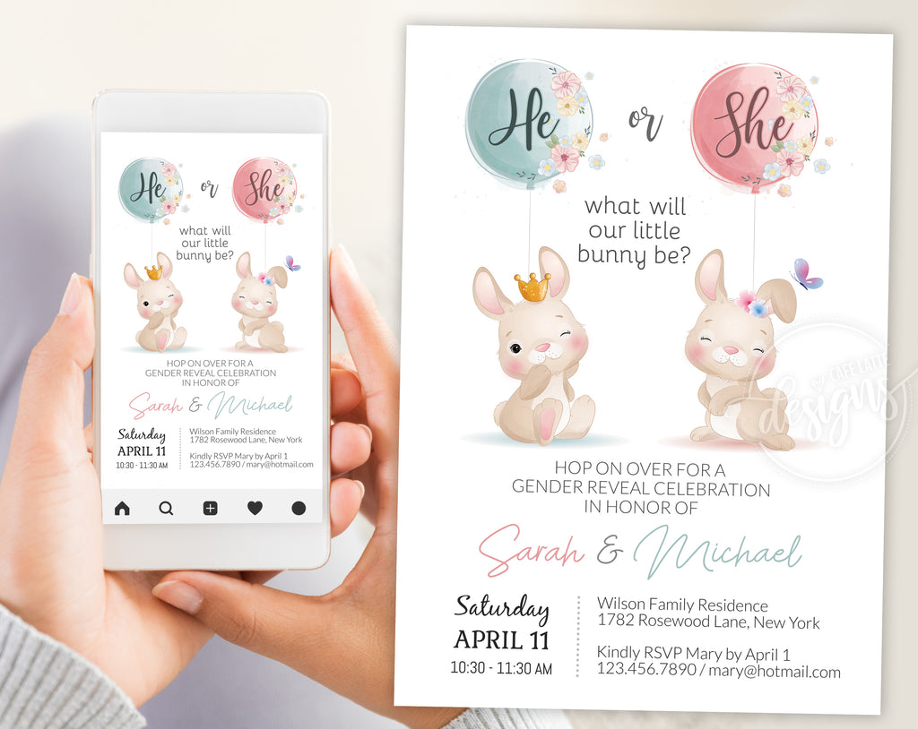 Easter Gender Reveal Invitation, Easter He or She Gender Reveal Digital Template, Bunny Rabbits with Pink and Blue Balloons, Editable Printable Gender Reveal Invitation DIY, He or She What Will Our Little Bunny Be