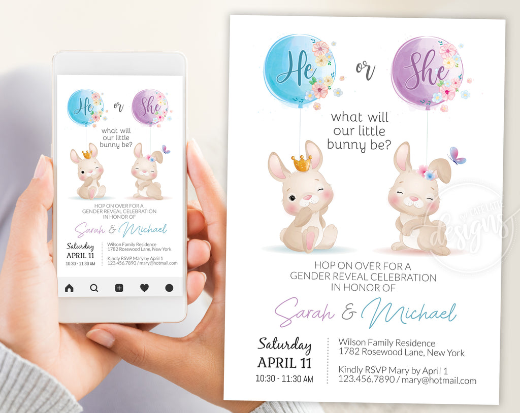 Easter gender reveal invitation editable template, Easter bunny, purple lilac and blue balloons, he or she what will our little bunny be invite, gender reveal digital e invitation, send by email, text message, printable