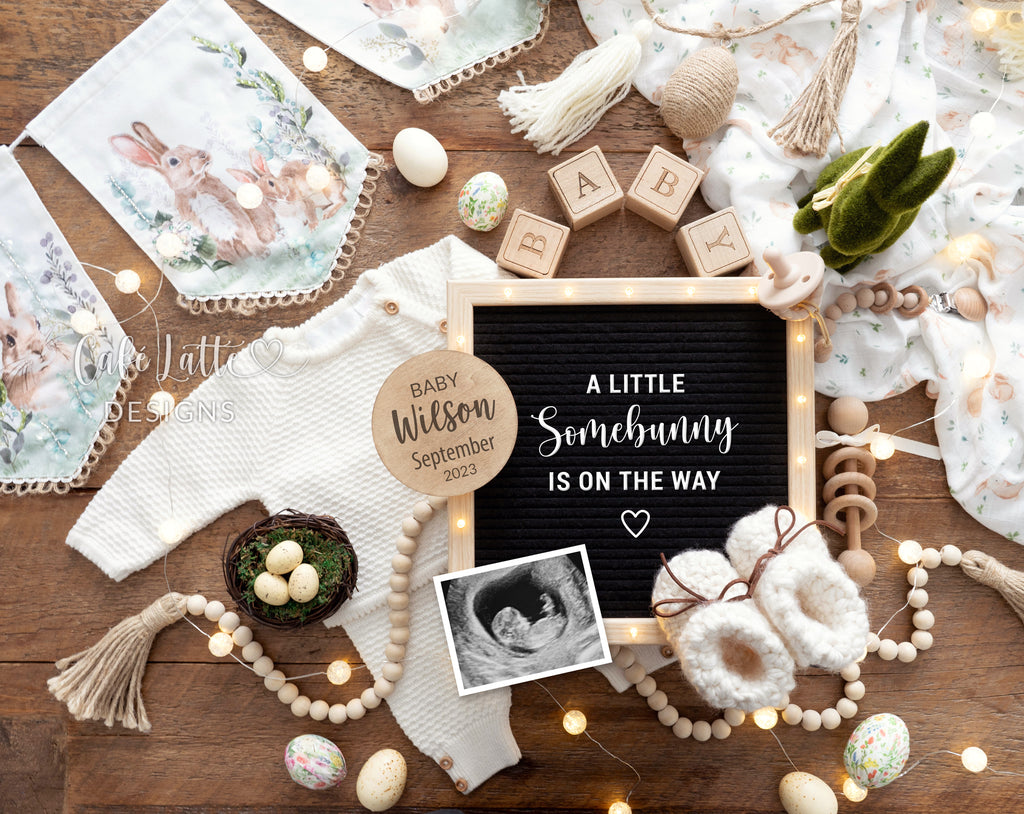 Easter Pregnancy Announcement Digital Reveal For Social Media, Easter Baby Announcement Digital Image With Vintage Bunny Bunting Banner, Eggs and Knit Outfit, Letter Board Design A Little Somebunny Is On The Way