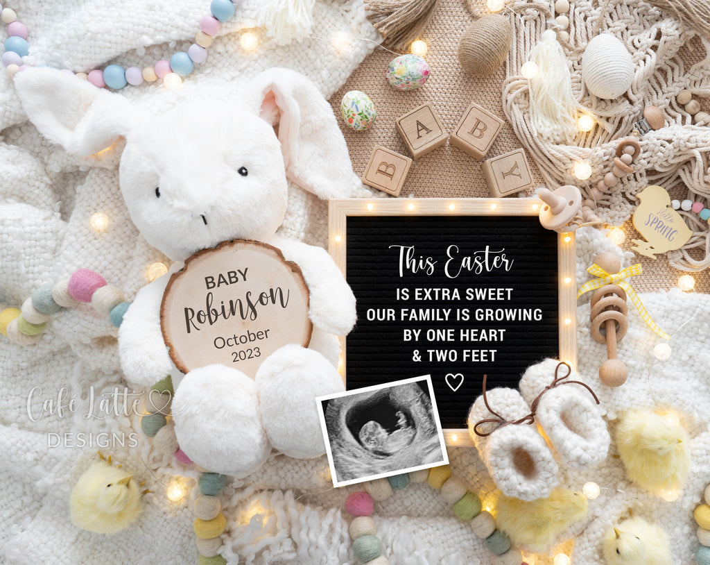 Easter pregnancy announcement digital reveal for social media, Easter baby announcement boho image with bunny rabbit, little chicks, Easter eggs and letter board, Easter is extra sweet our family is growing by one heart and two feet