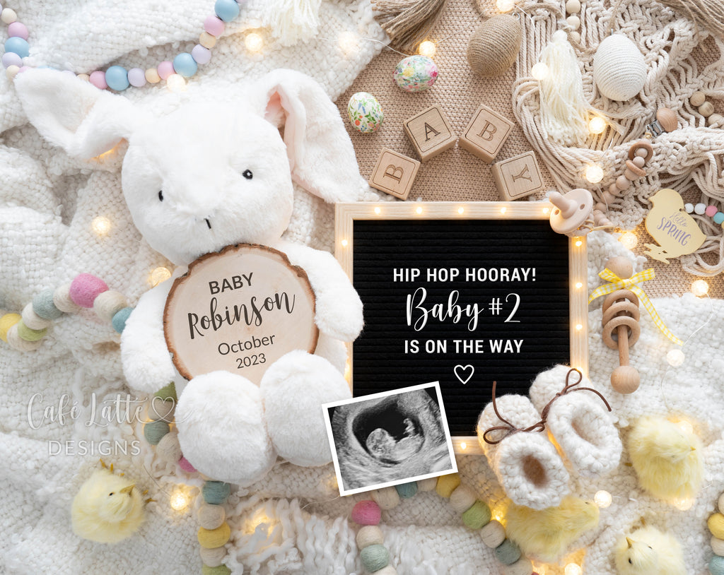 Easter pregnancy announcement digital reveal for social media, Easter baby announcement boho image with bunny rabbit, little chicks, Easter eggs and letter board, Hip hop hooray baby 2 is on the way