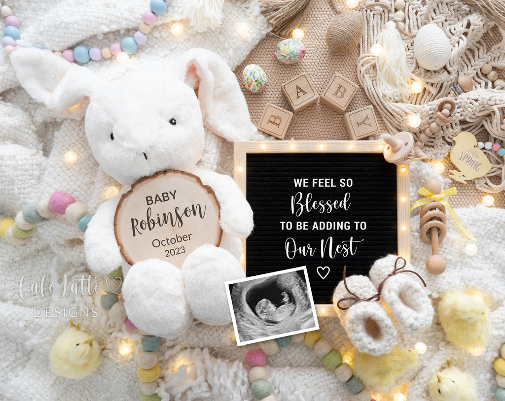 Easter pregnancy announcement digital reveal for social media, Easter baby announcement boho image with bunny rabbit, little chicks, Easter eggs and letter board, We feel so blessed to be adding to our nest