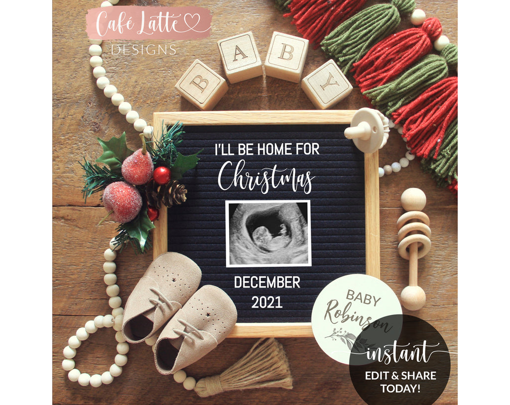 Editable Christmas Pregnancy Announcement Social Media, I'll Be Home For Christmas Letter Board, December Winter Baby, Digital Corjl DIY