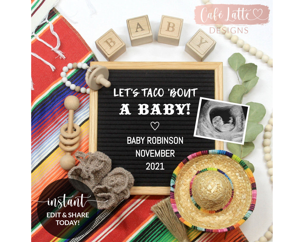 Editable Lets Taco Bout a Baby Pregnancy Announcement Social Media Digital Template, Cinco de Mayo, Mexico Sombrero Reveal Instagram, DIY