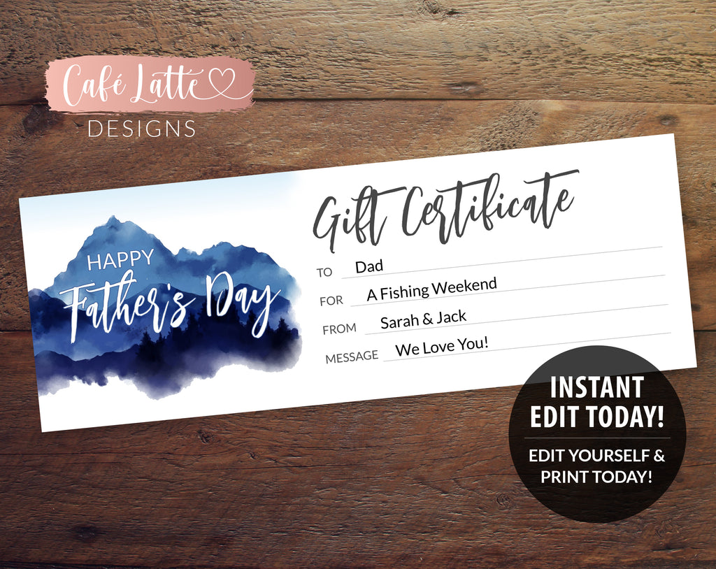 FATHERS DAY Gift Certificate Printable Editable Template, Personalized Gift Coupon for Dad, Instant DIY Corjl, Last Minute Gift, Ideas Men
