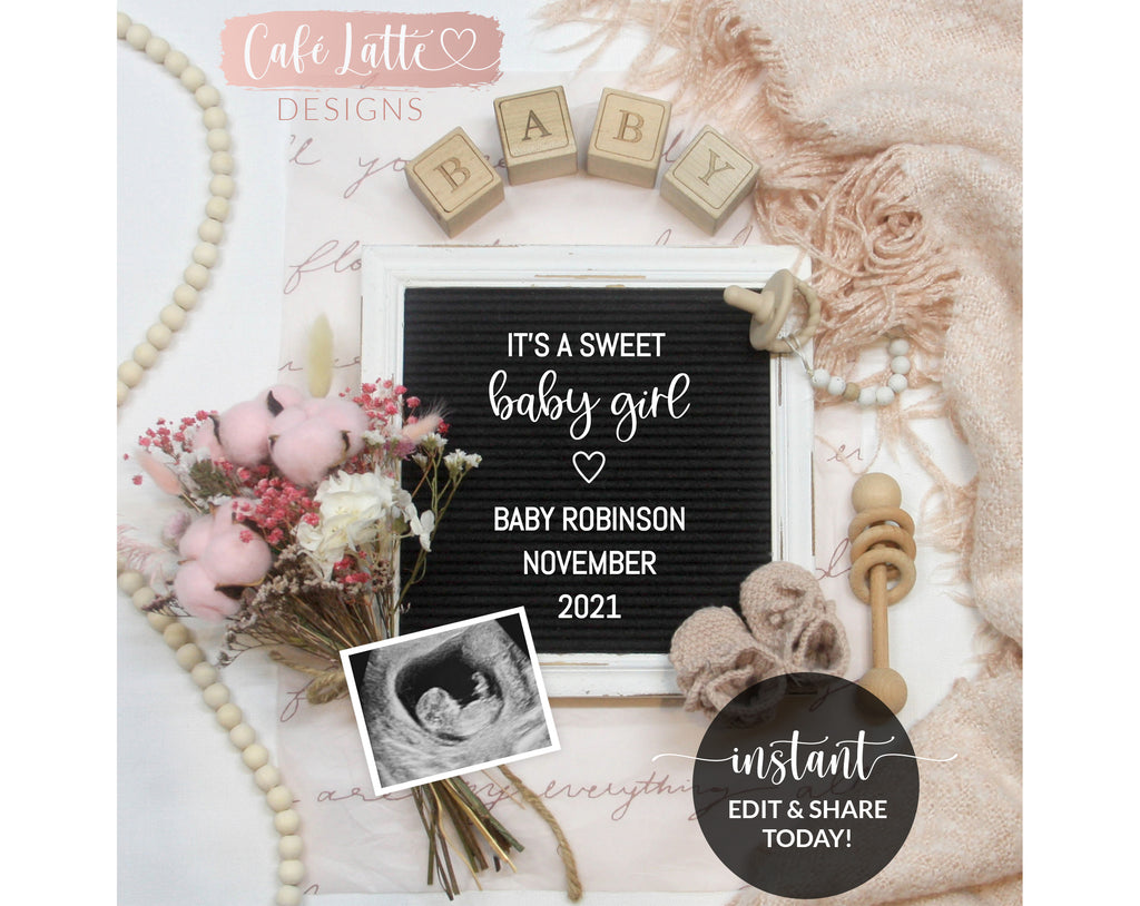 Editable Girl Baby Announcement Social Media, Sweet Baby Girl Gender Reveal Letter Board Pregnancy Digital Vintage Boho Template, Instagram Facebook DIY