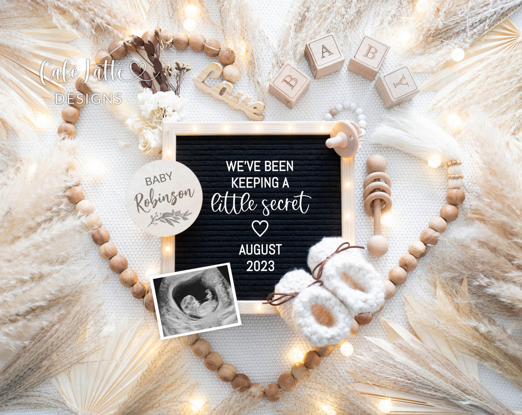 Digital Boho Pregnancy Announcement Social Media, Gender Neutral Baby, Editable DIY Template Keeping a Secret Letter Board, Heart Wood Beads