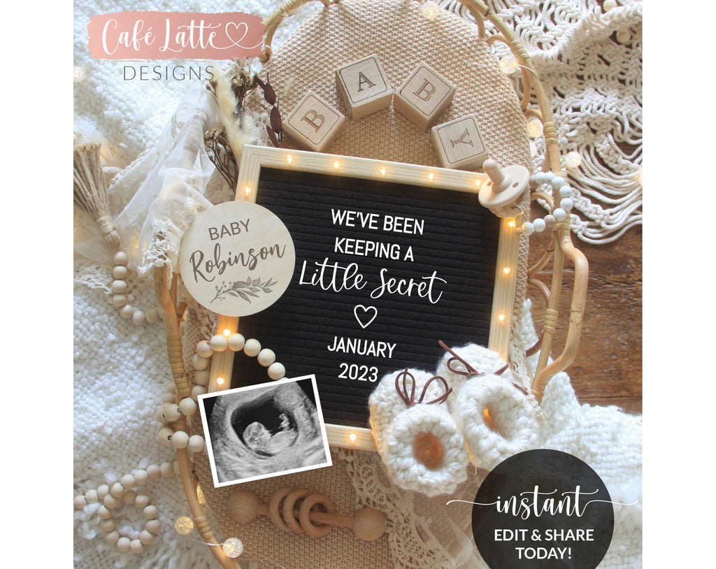 Editable Boho Pregnancy Announcement Social Media, Neutral Baby Bed Bassinet Reveal, Keeping a Little Secret Letter Board Digital, Corjl DIY