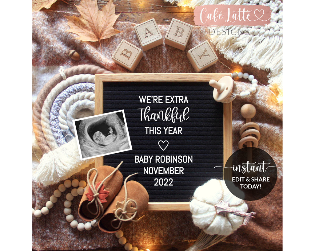 Editable pregnancy announcement for social media template Thanksgiving letter board pumpkin boho fall autumn extra thankful this year rainbow baby
