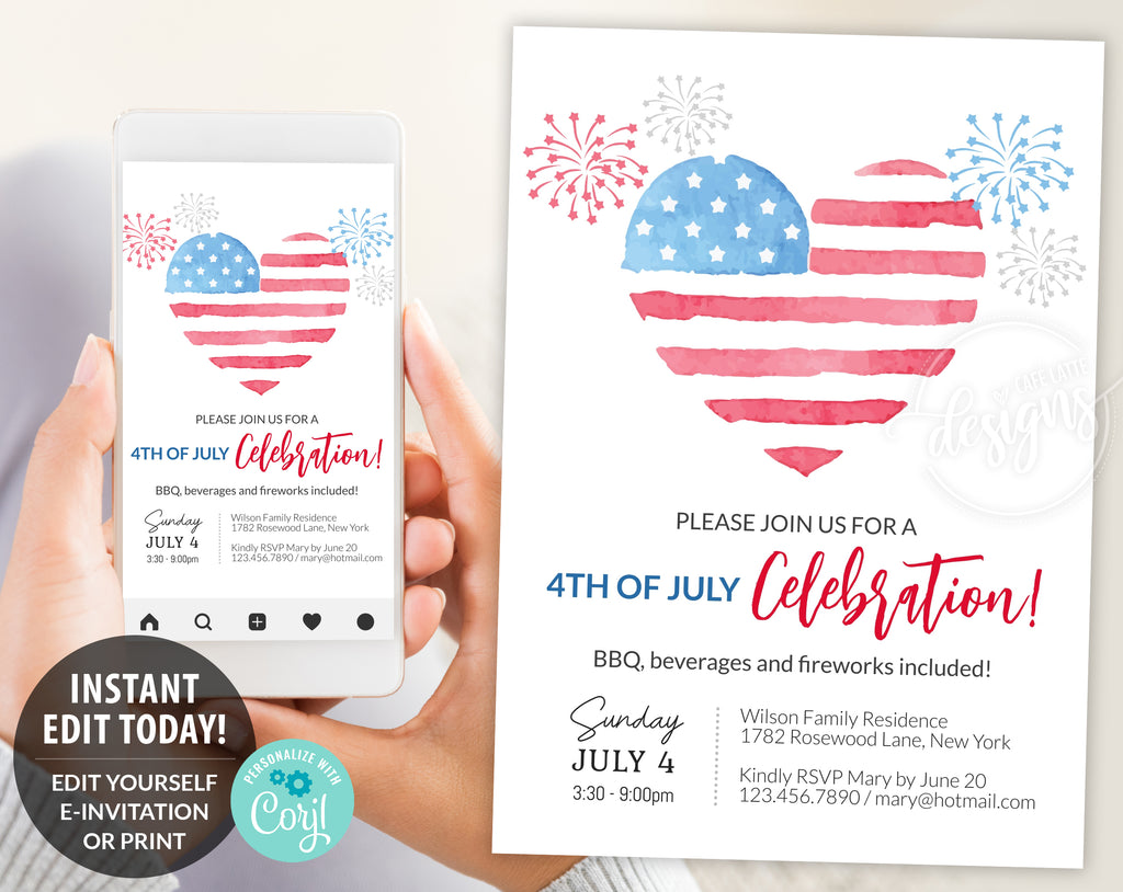 Fourth of July Invitation Editable Template Printable, Birthday Celebration E-Invitation Party Invite, Firecrackers USA Flag, Instant DIY