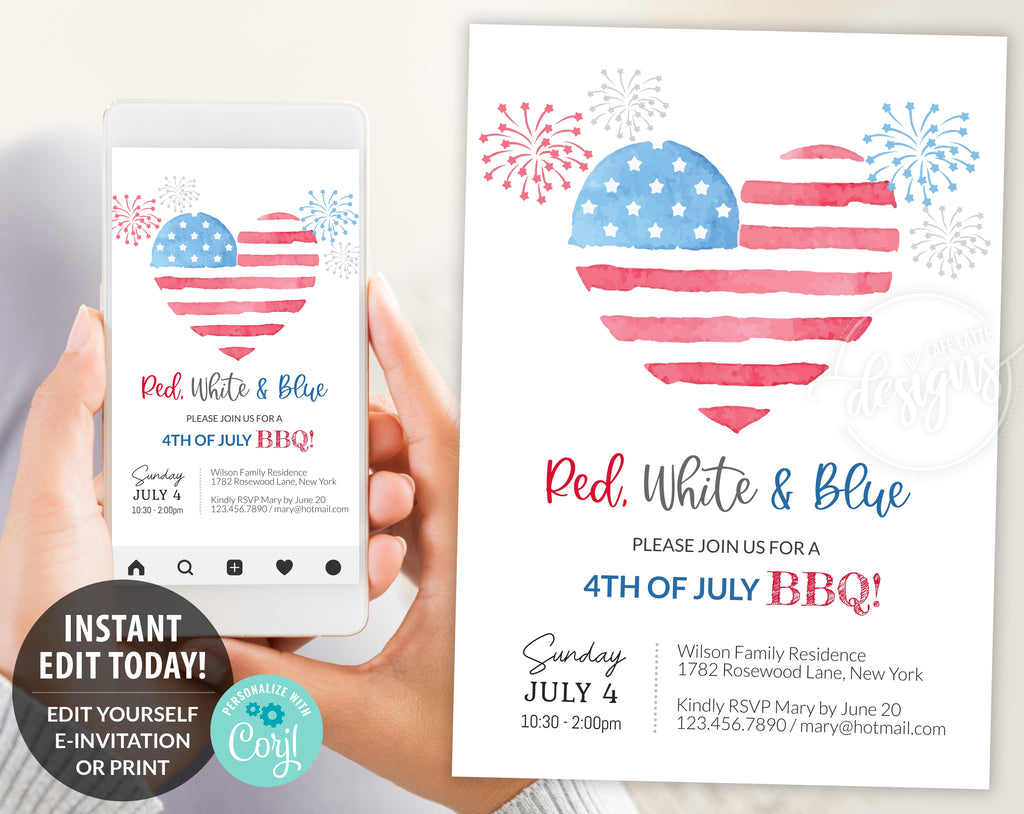 Fourth of July BBQ Invitation Editable Template Printable, Red White & Blue E-Invitation Party Invite, Firecrackers USA Flag, Instant DIY